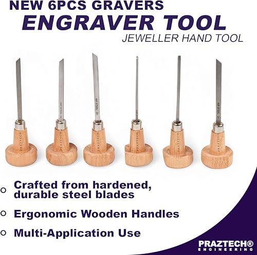 'PRAZTECH ® Nuovi bulini da 6 Pezzi con Manici in Legno | Set di Orologi per incisori | Laboratorio di Utensili manuali per gioielliere | Fai da Te - Honorern