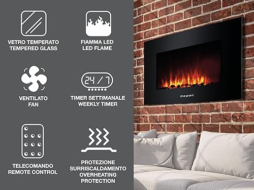 Beper RI.503 – Caminetto Elettrico da Parete, con Telecomando, Effetto Fiamma con 5 Livelli d’Intensità, Timer Settimanale, Modalità Riscaldante con Impostazione della Temperatura, 52 x 66 x 15 cm - Honorern