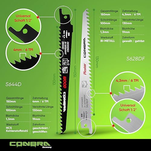 Manico per sega con 4 lame per sega a sciabola, 150 mm, lama per legno, metallo e plastica - Honorern