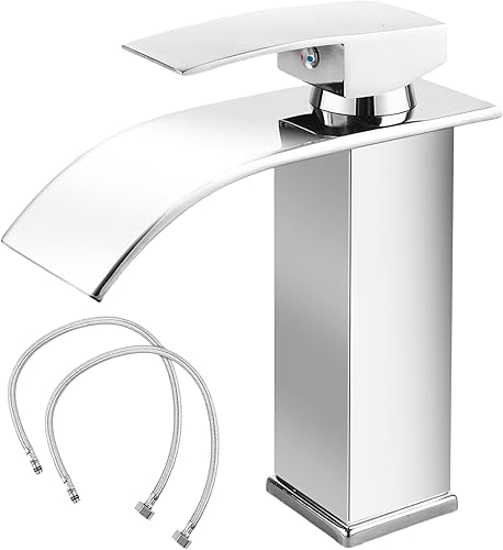 Rubinetto per bagno in acciaio inox, miscelatore monocomando a cascata con tubo di collegamento da 60 cm, cromato - Honorern