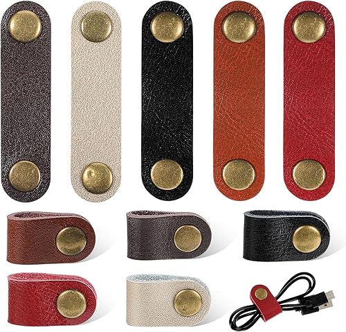 10 fascette stringicavo in pelle, per cavi elettrici, organizer per cavi di ricarica con chiusura a scatto, in pelle PU, per casa, ufficio, viaggi - Honorern