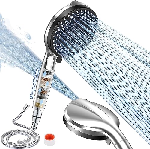 Soffione doccia con filtro, doccetta ad alta pressione, 15 filtrazione, 10 tipi di getto, con tubo da 1,5 m, soffione doccia per la rimozione dal cloro residuo, acqua dura, metallo pesante - Honorern