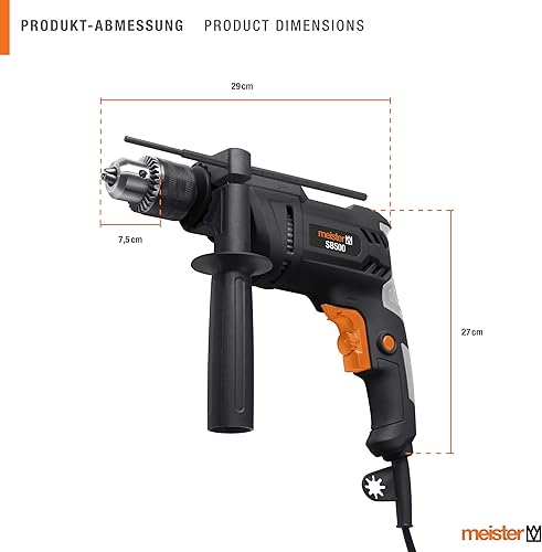 Meister Trapano a percussione 500 W, SB500 – Mandrino a corona dentata – Preselezione della velocità – Con impugnatura aggiuntiva & arresto di profondità/trapano/martello perforatore/trapano a - Honorern