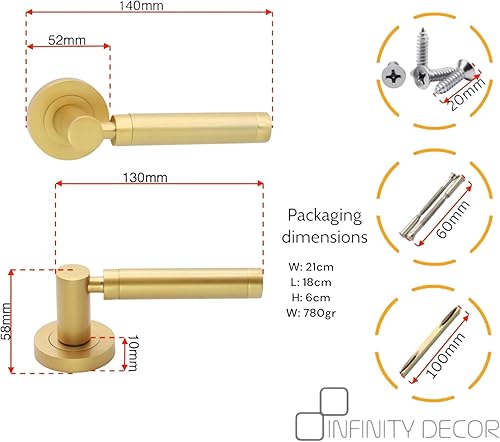Infinity Decor Zishan - Set di maniglie a leva su rosetta, in ottone satinato e zinco, per porte interne - Honorern