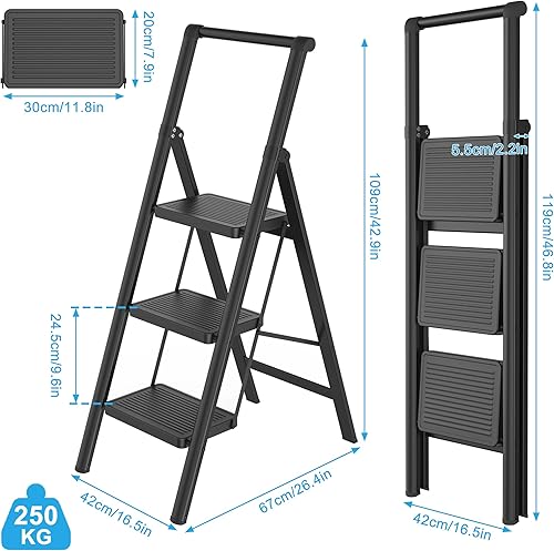 Scala pieghevole a 4 gradini, con pedana larga, 30 x 20 cm e corrimano fino a 270 kg, colore nero - Honorern