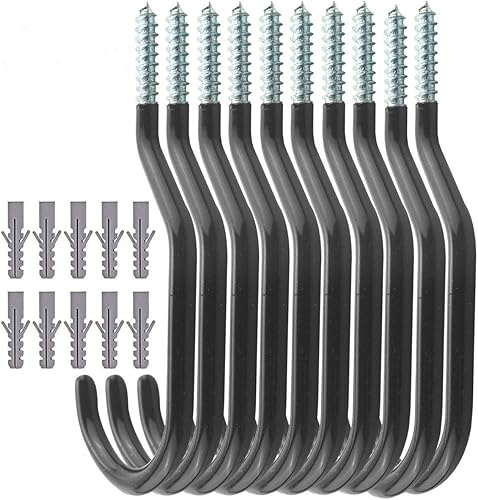 TooTaci - Set di ganci resistenti per appendere biciclette, da avvitare, rivestiti in plastica, da inserire nella parete o sul soffitto, per garage o giardino, confezione da 10, nero - Honorern