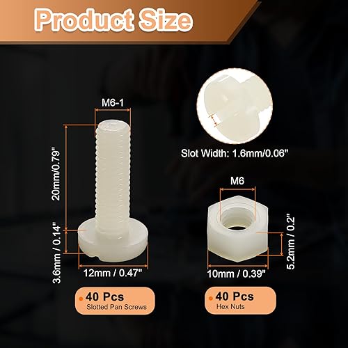 sourcing map Set di 40 dadi assortiti in nylon, viti a testa piatta con intaglio M6 da 1 x 20 mm e dadi M6 - Honorern