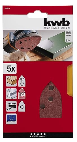 kwb Triangolo di levigatura per levigatrici Delta e multi - per metallo, legno, vernice ecc., per levigatrici multiple Black, Decker, Ferm, Worx B-&-D , 107 x 175 mm, grana K-120, 5 pezzi, perforato - Honorern
