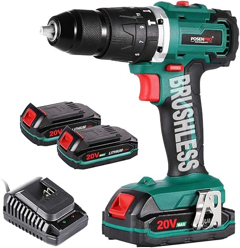 Trapano Avvitatore Batteria 20V, Brushless Avvitatore a Batteria con 2 Batterie da 2.0Ah, 50N.m di Coppia, 2 Velocità, 19+3 Coppia, Luce a LED, Trapano a Percussione da 1/2', Per il fai da te - Honorern