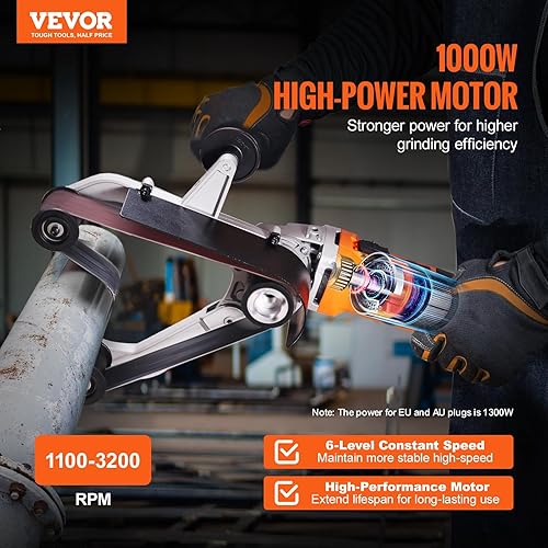 VEVOR Levigatrice Lucidatrice per Tubi, Levigatrice a Nastro da 1300 W con 6 velocità Variabili 1100-3200 Giri/min, Levigatrice a Nastro con 3 per la Brunitura e la Rimozione della Ruggine - Honorern