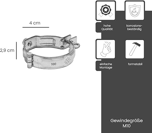 Fascetta per tubi in zinco con presa filettata Argento 80mm /M10 - Honorern