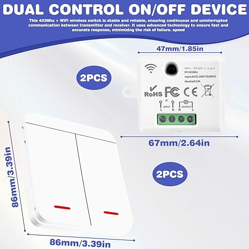 Interruttore senza fili: 433 MHz + WiFi, senza fili, illuminazione radio, interruttore RF e ricevitore (2 interruttori, 2 ricevitori) - Honorern