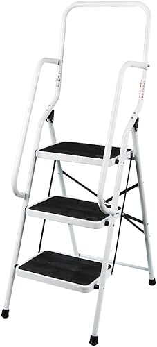 Scala a 3 gradini con corrimano di sicurezza, pieghevole, antiscivolo, opaca, sicura e resistente - Honorern