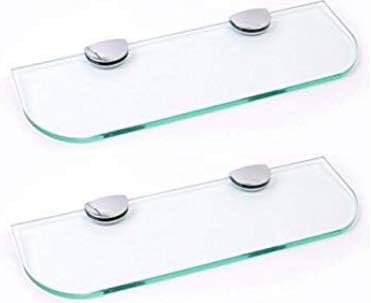 Set di due ripiani in vetro con angoli curvi, spessore 6 mm, in vetro temperato trasparente, per bagno, cucina, camera da letto, 300 x 100 mm (circa 12'), con grandi supporti cromati - Honorern
