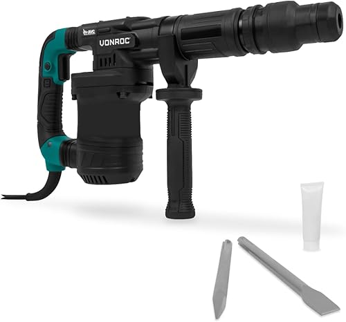 VONROC PRO Martello demolitore 1200W - 6kg - Impatto: 14 Joule - Velocità di impatto: 3100 p/m - Cavo da 5 metri – Include impugnatura laterale, scalpello a punta, scalpello piatto e lubrificante - Honorern