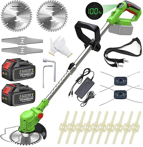 Decespugliatore a Batteria 24V, Tagliabordi a Batteria 3 In 1, con 2 Batterie 2,0 Ah, Maniglia Telescopica, Testa Girevole 90°, per prato e cespuglio (Verde) - Honorern