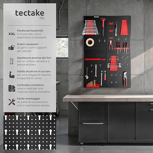 Pannello Forato Portautensili, Pannello Portaoggetti con 4 Pannelli, 34 Ganci e Sostegni, Espandibile, Adattabile, per Garage e Officina, Pannello Porta attrezzi da Parete - Honorern
