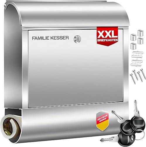 KESSER® Cassetta della Posta XXL in acciaio inox spazzolato con Scomparto per Giornali, 3x Chiudibile a chiave, Verniciata a polvere, Montaggio a parete, Ampia fessura frontale, Nero - Honorern