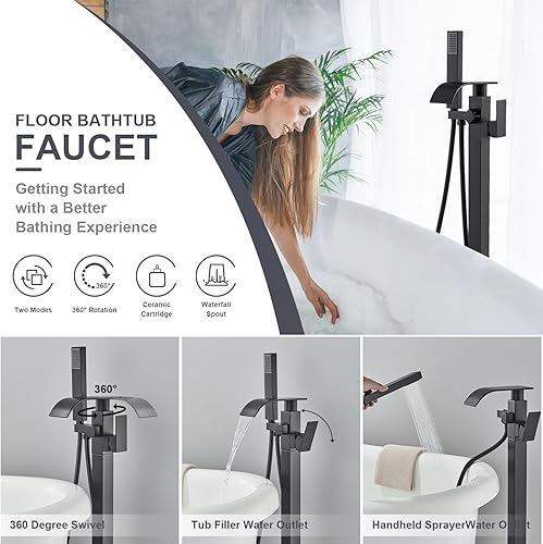 Senlesen - Rubinetto per vasca da bagno, in acciaio inox, con beccuccio a cascata e doccetta - Honorern