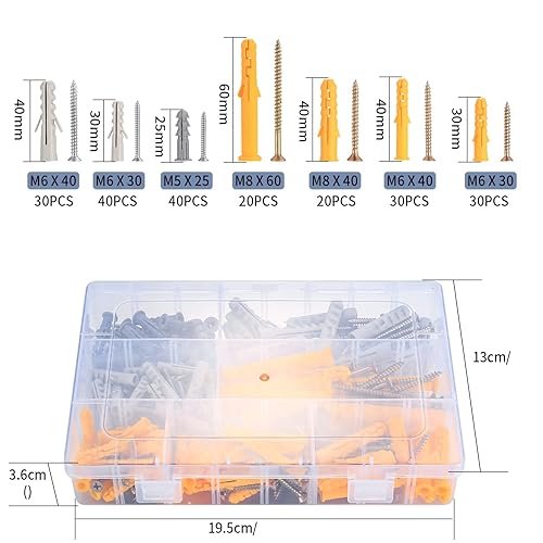 AoyfuwellSet di 210 tasselli da parete e viti, 7 misure di ancoraggio a parete cava con viti assortite, kit per muratura, mattoni, cemento, viti autofilettanti e tasselli – M5/M6/M8 - Honorern