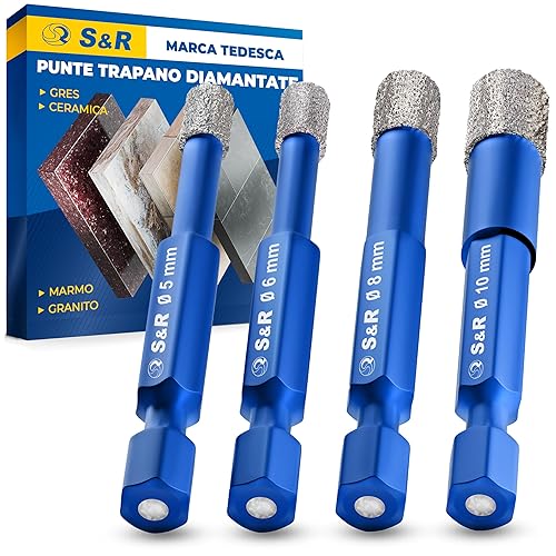 S&R Punta Trapano per Piastrelle, Vetro, Ceramica Professionali, Set trapano Piastrelle, Box in plastica 4 PZ.: 4,5,6,8 mm - Honorern