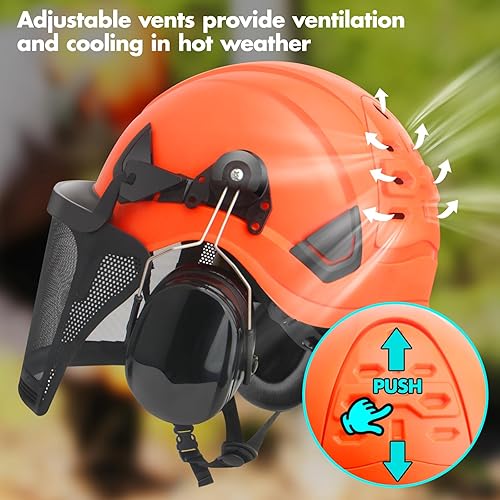 Casco di sicurezza forestale,Caschi antinfortunistica,Casco per motosega industriale con visiera in rete e cuffie antirumore,elmetto forestale 4 in 1 per Lavori con Motosega e Decespugliatore -Arancia - Honorern