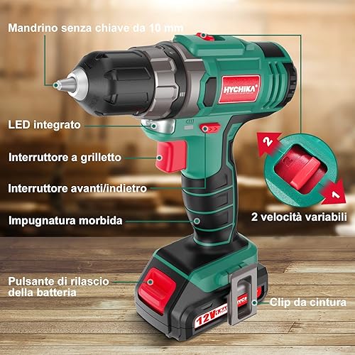HYCHIKA Trapano Avvitatore Batteria 12V, 2 Velocità 21+1 Impostazione Della Coppia Massima di 30 Nm, 5x Punte Elicoidali, 20x Pezzi di Viti, Adatto Per Praticare Fori su Legno, Plastica e Metallo - Honorern