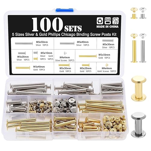 100 Set Chicago Vite per Rilegatura Kit Assortito, 5 Taglie Metallo Rotondo Testa a Croce Stud Vite Post Chiodo Rivetto Pulsante Chicago per Decorazione in Pelle Cintura Legatoria - Honorern