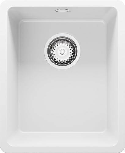 PRIMAGRAN Lavello da Cucina Bianco 36x44cm, Lavandino da Cucina a 1 vasca + Sifone Classico, Lavabo da Cucina Incasso al mobile 40cm - Venezia Slim Easy - Honorern