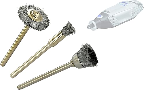 TIVOLY - Set di 3 spazzole in acciaio multiuso - pennello (Ø5 mm), taglio (Ø12 mm), circolare (Ø19 mm) - Spazzolatura dei metalli duri - Attacco: coda cilindrica Ø3,2 mm - Per DREMEL / PROXXON - Honorern