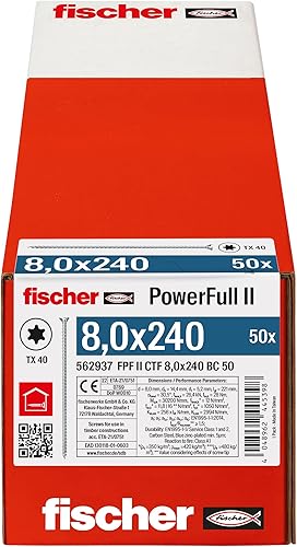 Fischer Viti per Legno e Costruzioni PowerFull II CTF 8,0x100 mm, Filetto Totale, Testa Svasata Piana, Impronta Torx, Zincata Bianca, 50 Pz, 562930 - Honorern