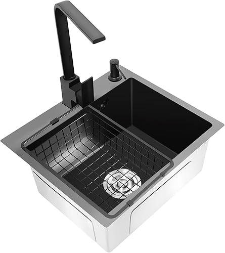 Lavello da cucina, nero, 45 x 40 cm, 1 vasca, in acciaio inox, rettangolare, moderno, con scolapiatti, rubinetto, dispenser di sapone - Honorern