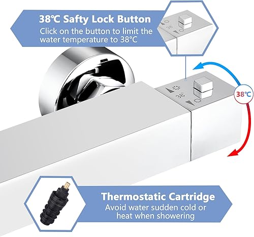 Sistema doccia con termostato, doccia a pioggia con rubinetto, in acciaio inox, set completo, set doccia con 81-117 cm, asta doccia regolabile, cromato - Honorern