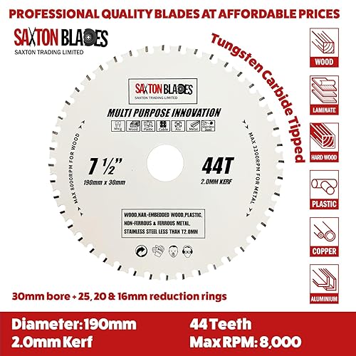 Saxton TCT TCT19044TMPT - Lama per sega circolare multiuso, 190 mm x 44 denti, per legno e metallo, compatibile con Bosch, Dewalt, Ryobi, Makita, ecc - Honorern