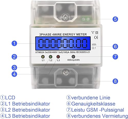Contatore elettrico digitale LCD, contatore elettrico trifase 4 fili, contatore trifase calibrato 230 / 400V, contatore trifase top-hat rail - Honorern