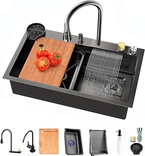 lavandino cucina, grigio scuro 304 in acciaio inox lavandino a cascata, lavandino cucina multifunzione con rubinetto estraibile e altri accessori (80x45cm) - Honorern