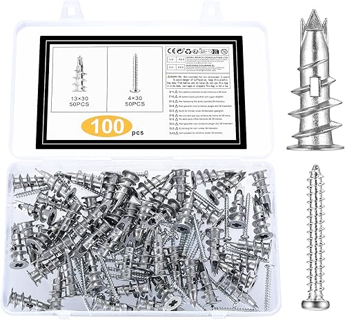 Viti e Tasselli per Cartongesso, 100 Pz Fissaggio Tasselli Autofilettante per Cartongesso, Tassello Autofilettante in Metallo con Viti, Tasselli Autoperforanti per Tende Cornici Impieghi Gravosi - Honorern