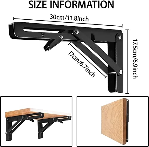 2 consolle pieghevoli da 600 mm, in acciaio inox, ad angolo di carico 110 kg, pieghevole per tavolo e supporto da parete, console per progetti fai da te (nero) - Honorern