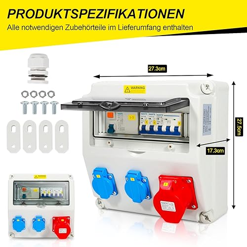Distributore di Corrente da Costruzione 32 A, 2 x CEE 400 V/16 A, 1 x CEE 400 V/32 A, 5 Poli, 4 x 230 V (Schuko), Distribuzione dell'Alimentazione Con Presa Schuko - Honorern