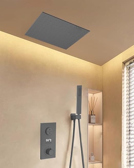 Miscelatore termostatico Doccia incasso - Set doccia incasso con soffione e doccetta, Kit Doccia Completo con LED Digital, Grigio - Honorern