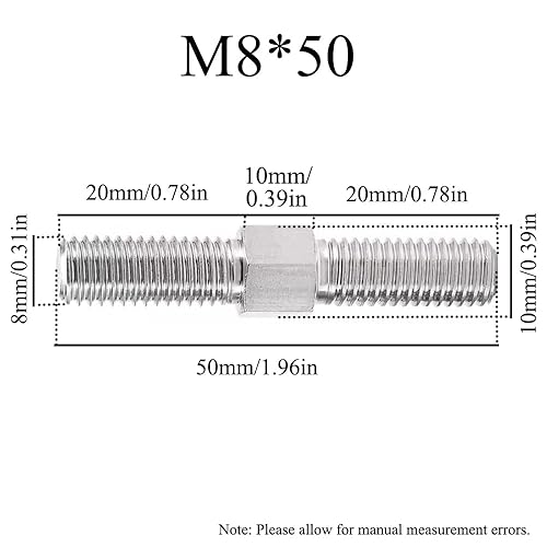 4 perni a doppia estremità in acciaio inossidabile 304, con testa esagonale, asta filettata sinistra/destra, bulloni a doppia estremità M8 x 70 mm - Honorern