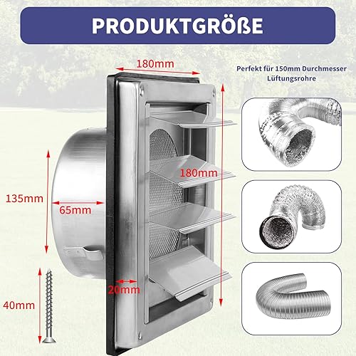 Griglia di ventilazione 150 mm in acciaio inox con griglia di protezione dagli insetti e valvola di ritorno, lamelle per montaggio a parete esterna di impianti di ventilazione e cappe con guarnizione - Honorern