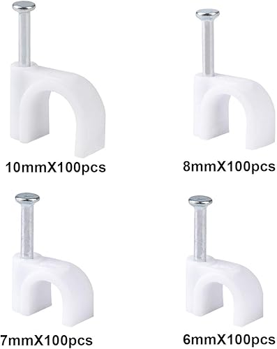 Clip Fermacavi da Parete 400 Pezzi Fermacavi Rotondi Clip per Fissaggio Cavi Fermacavo per Cavo Elettrico Cavo Clips in Bianco con Chiodo in Acciaio per Casa e Ufficio 6mm/7mm/8mm/10mm - Honorern