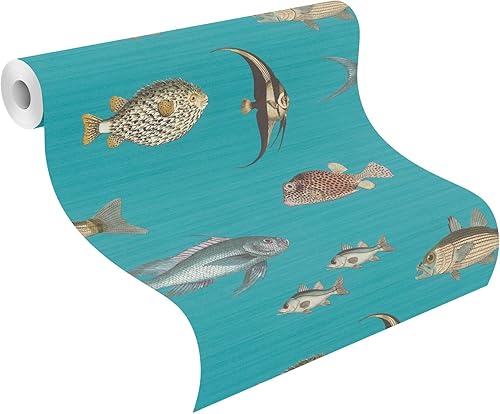 Rasch Carta da parati 553536 - Carta da parati in tessuto non tessuto turchese con topik e pesci colorati, 10,05 m x 0,53 m (lunghezza x larghezza) - Honorern
