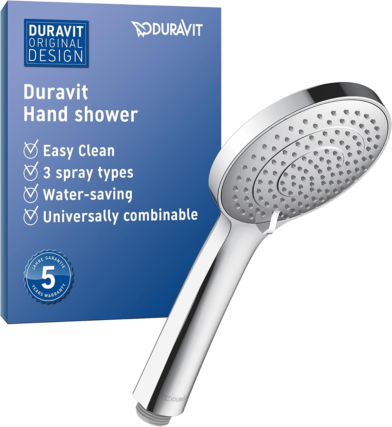 Duravit Universal Doccetta a mano, Doccia con 3 tipi di getto (Rain, Intense Rain, Soft Rain), Doccia a mano rotonda (Ø 110 mm), Doccetta con funzione MinusFlow a risparmio idrico, Cromo - Honorern
