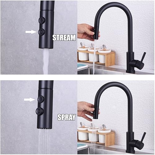 Rubinetto Lavello Cucina Nero, Woen-Flow Miscelatore Cucina con Doccetta Estraibile con 2 Modalità, Rubinetti per Lavelli da Cucina con Girevole a 360°, Acciaio Inox - Honorern