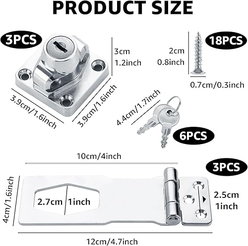 3 lucchetti da 4 pollici con chiave, 105 x 40 mm, in acciaio inox, con viti, richiudibili, per mobili, cantine, armadi, porte, camere - Honorern
