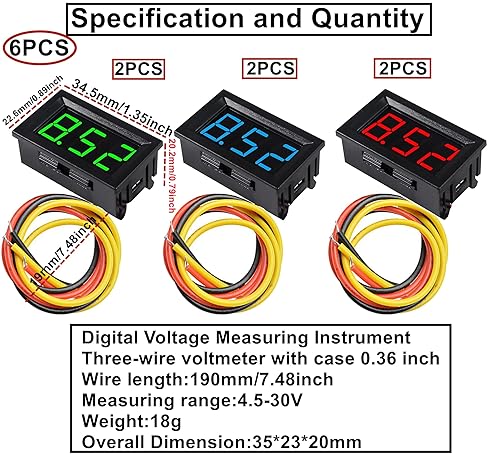 6 Pezzi 0.36 inch LED Voltmetro Amperometro, Multimetro Digitale Display Tensione Corrente Tester, DC 0-30V Rilevatore Tensione Corrente Misuratore, Pannello Amp Volt Gauge - Honorern