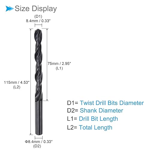 Punte da Trapano Elicoidali Acciaio ad Alta Velocità 6542, Diametro 8,4mm Lunghezza 115mm, Punta Trapano Dritta Twist Jobber Ossido Nero per Metallo Plastica Alluminio - Honorern