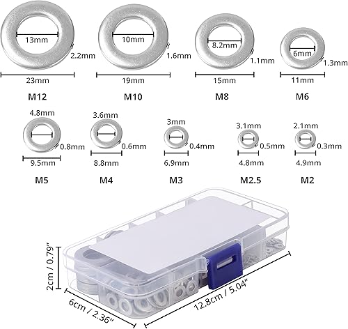Rondelle Acciaio Inox con Scatola (580 Rondelle Piatte) - 9 Misure da M2, M2,5, M3, M4, M5, M6, M8, M10 e M12 - Rondelle Alzaporta Rotonde per Riparazioni, Fabbrica, Decorazioni per Casa - Honorern